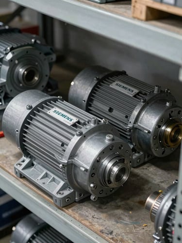 Close-up overhead shot of two Siemens electric motor housings on a steel warehouse shelf, serial number plates clearly visible, bright even studio lighting, no people, organized industrial inventory context