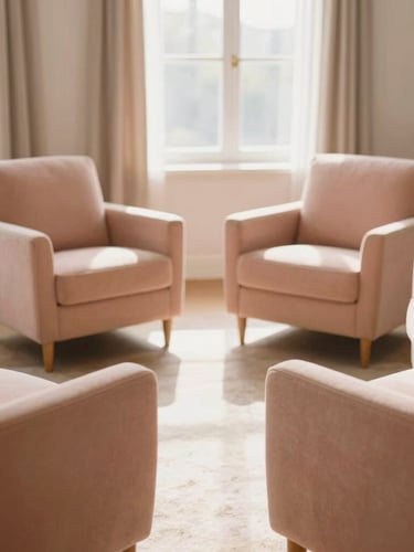 Sunlit, clean shared living room with warm morning window light, comfortable armchairs arranged in a circle, soft peach and earth tones, shallow depth of field, 35mm
