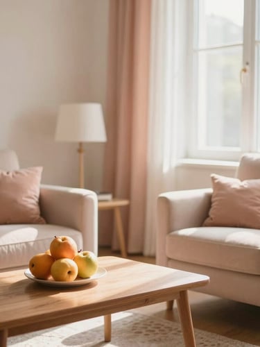 Sunlit, clean living room with warm morning window light, comfortable armchairs, a wooden coffee table with fresh fruit, soft peach and earth tones, 35mm photography