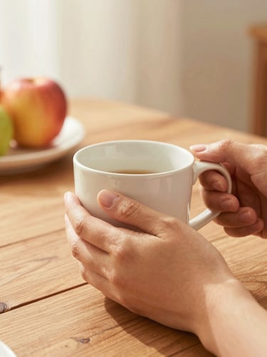 Close-up of hands holding warm ceramic mugs over a rustic wooden dining table with fresh fruit in the background, soft golden hour light