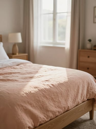 A bright, sunlit private bedroom with a neatly made bed, simple wooden furniture, soft peach linen, warm morning window light, shallow depth of field