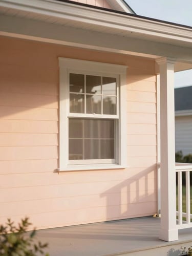 Sunlit residential home exterior with a welcoming front porch, soft morning window light, gentle peach tones, shallow depth of field, 35mm
