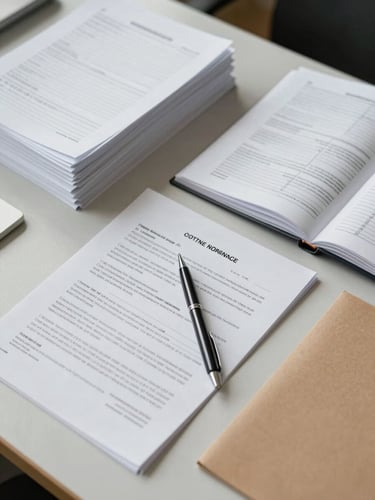 Close-up overhead view of an organized desk surface: printed documents in neat stacks, a pen resting on a signed form, a manila folder open to reveal structured data sheets — bright even office lighting, no shadows, clean institutional order