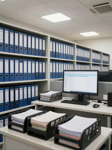 Wide shot of an organized office workspace: rows of labeled archive binders on open shelves, a monitor displaying a structured spreadsheet with no personal data visible, a desk with sorted document trays under bright fluorescent office lighting — institutional order, clean and methodical