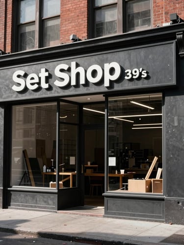 Gritty, high-contrast photograph of the exterior of Set Shop's Flatiron storefront on 22nd Street, industrial architecture, sharp shadows, realistic workshop ambient light, 35mm