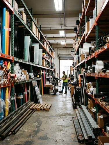 Wide shot of a Flatiron warehouse aisle, filled with industrial shelving stacked high with seamless paper rolls in various colors, diffusion gels, and large acrylic sheets, sharp high-contrast studio light, rich saturated colors, crisp depth of field, 35mm, viewed from the right side, a worker in the background.