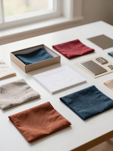 A premium minimalist gift box containing various custom printed fabric swatches, embossed paper cards, and metal finishes, laid out neatly on a clean white table, soft natural window light