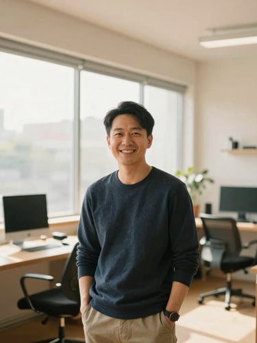 Professional portrait of a modern Asian male founder in a clean, minimalist creative studio, warm natural window light, friendly and confident expression, professional 35mm lens