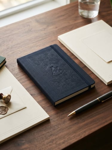 Macro photography of premium custom-branded corporate stationery and embossed notebooks on a sleek dark wood surface, warm daylight casting soft shadows, professional 35mm lens