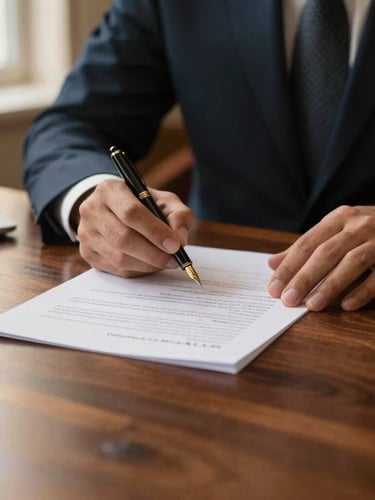 Portrait aspect, warm editorial photograph of a legal document being signed with a fountain pen on a polished dark wood desk, subtle golden light, shallow depth of field. Focus on the hands and the document.