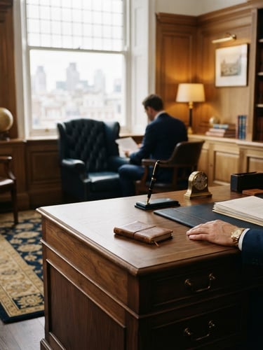 Elegant law office interior with warm wood, leather, and natural window light, a large imposing desk in the foreground, shallow depth of field, 35mm, deep navy and golden tones.