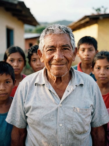 Portrait-oriented image of an elderly Colombian community leader smiling warmly, surrounded by children in a vibrant village setting, natural light, rich earthy tones, 35mm film style.