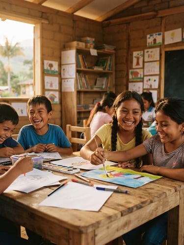 Niños colombianos sonriendo en un aula comunitaria recién construida, luz cálida de atardecer, estilo documental, enfoque en la alegría y colaboración.