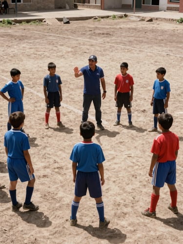 Low-angle documentary shot of a local Peruvian coach explaining a drill to children on a clay pitch, natural harsh midday sun, dusty texture, 35mm film.