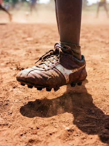 Close-up of a child's worn leather boot stepping on a dusty red clay pitch, harsh midday sun casting sharp shadows, raw 35mm documentary photography style.