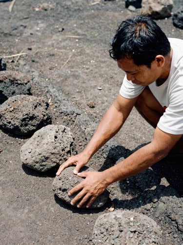 A close-up portrait of a local Indonesian coach arranging heavy volcanic stones for pitch drainage, harsh midday sun, dusty earth tones, 35mm film.