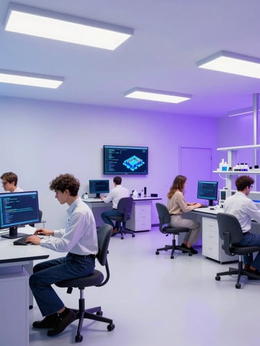Wide shot of a modern, bright research laboratory with researchers collaborating, crisp studio lighting, blue and purple ambient backlighting, high-resolution screens displaying code, isometric 3D angle.