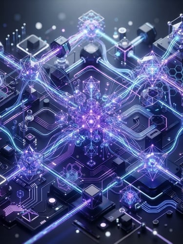 High-fidelity abstract 3D render of interconnected quantum structures, glowing blue and purple, isometric angle, crisp studio lighting, cool white and electric violet tones, sharp focus