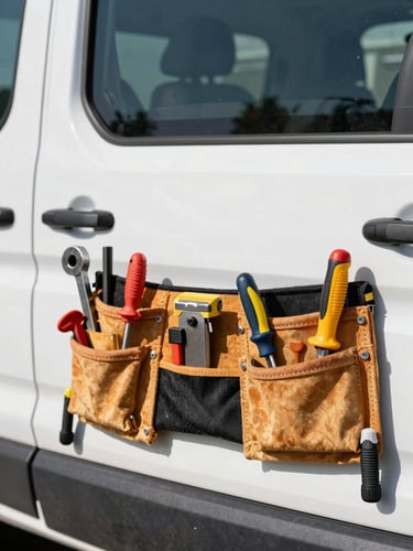 Straight-on close-up of a carpenter organized tool belt and hand tools in a clean work van, bright natural daylight