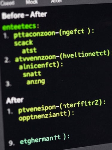 Macro screenshot of a terminal interface showing a before-and-after code optimization, neon green syntax highlighting on a pitch-black background, sharp borders.