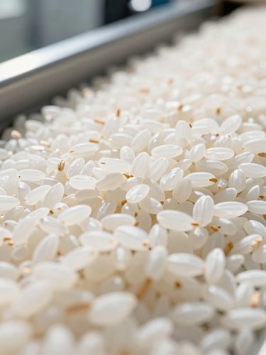 Close-up macro shot of white rice grains being sorted on a conveyor belt in a modern, clean facility, bright natural daylight, high clarity, 35mm