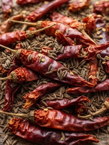 Vibrant, high-detail macro shot of dried red chili peppers and whole cumin seeds, crisp editorial photography, bright natural daylight, rich organic tones, 35mm