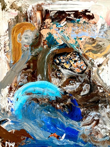 expressive painting shoig a surfer lost in his element
