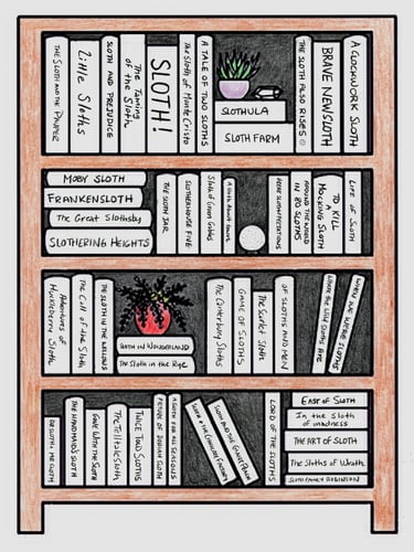 Bookcase featuring sloth-themed classic books