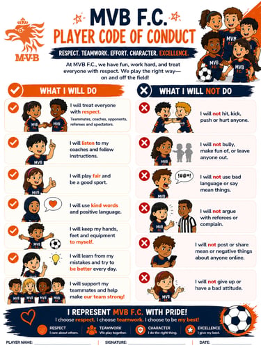 An MVB F.C. youth soccer player code of conduct poster featuring rules for sportsmanship and teamwork.