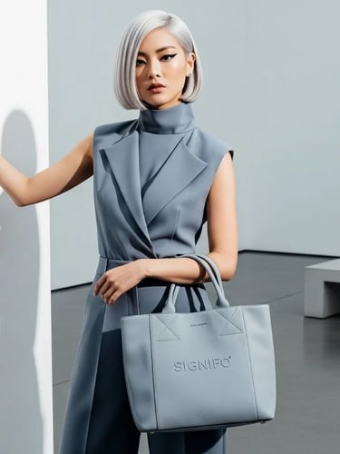 Model wanita dengan hasil aplikasi produk dari kain kanvas polyester SIGNIFO warna ABU MUDA
