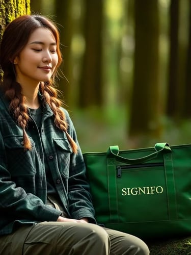 Model wanita dengan hasil aplikasi produk dari kain kanvas polyester SIGNIFO warna FUJI