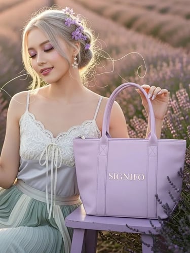 Model wanita dengan hasil aplikasi produk dari kain kanvas polyester SIGNIFO warna SOFT LILAC