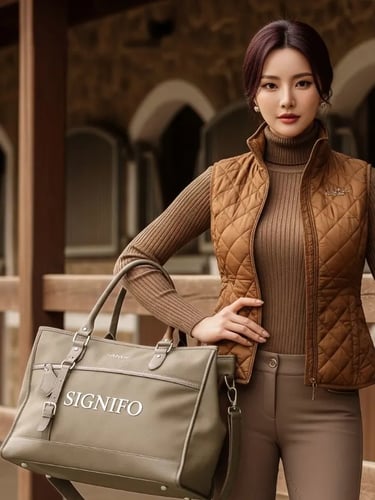 Model wanita dengan hasil aplikasi produk dari kain kanvas polyester SIGNIFO warna 