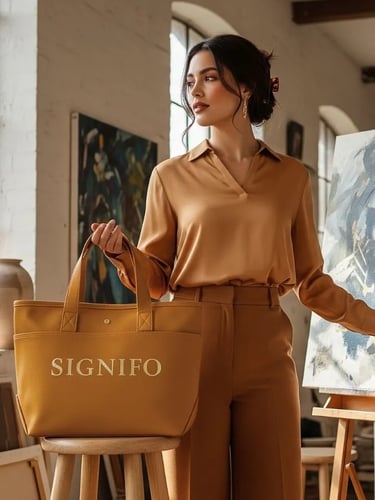 Model wanita dengan hasil aplikasi produk dari kain kanvas polyester SIGNIFO warna KUNING BUSUK