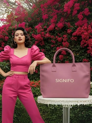 Model wanita dengan hasil aplikasi produk dari kain kanvas polyester SIGNIFO warna ROSE