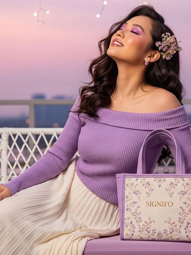 Model wanita dengan hasil aplikasi produk dari kain kanvas polyester SIGNIFO warna UNGU MUDA