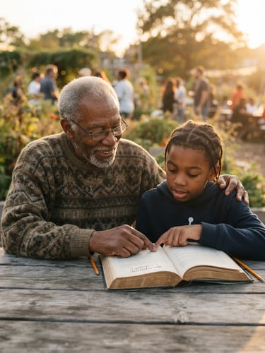Candid portrait of an elderly community mentor guiding a young student with a book, warm natural golden-hour light, soft focus background