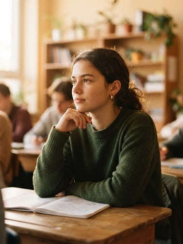 A candid medium portrait of a young student in a warm, sunlit classroom, looking thoughtfully toward the left, natural golden-hour light, rich organic tones, shallow depth of field.