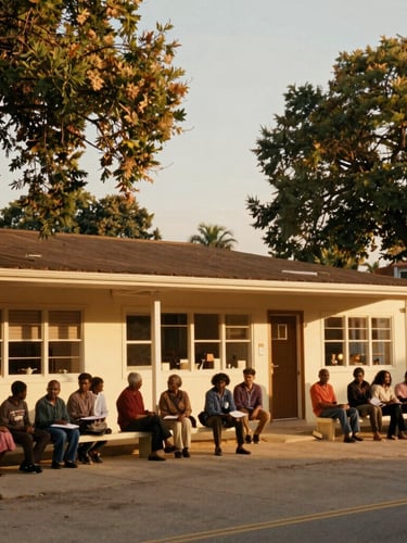 Warm golden-hour archival photo of a local community center built in the 1980s, soft sunlight filtering through trees, candid