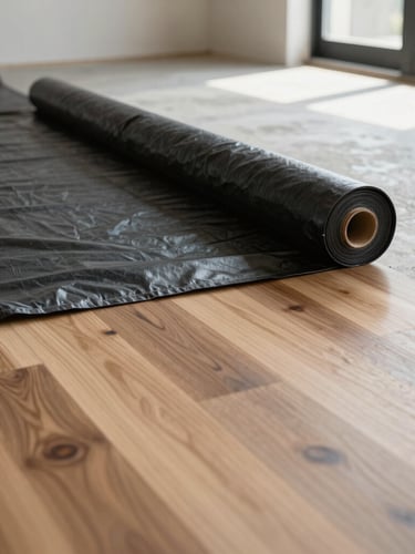 Low-angle floor-level shot of a clean, leveled concrete subfloor with a black moisture barrier being rolled out, natural light, sharp detail