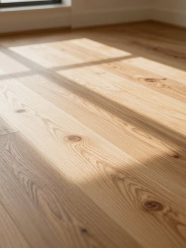 Low-angle floor-level shot of wide white oak planks catching warm Southern California window light, showing rich natural grain texture, 35mm lens.