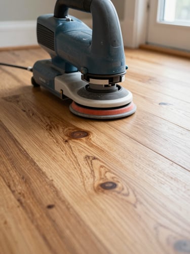 Close-up of dustless sanding machinery operating on a historic hardwood floor, revealing clean light oak wood grain beneath old dark varnish