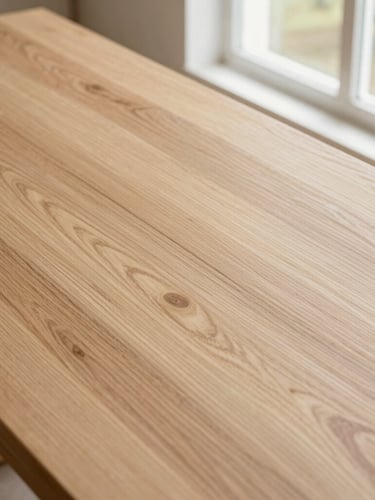 Overhead close-up of premium white oak planks acclimating in a bright room, natural Southern California window light, rich wood grain textures