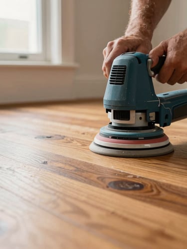 Low-angle close-up of a craftsman using dustless sanding machinery on a historic hardwood floor, rich natural wood tones, bright natural light, 35mm lens.