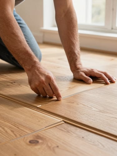 Low-angle floor-level shot of a craftsman installing interlocking hardwood floor joints, natural light highlighting the precise alignment and oak grain