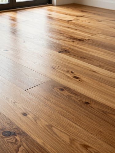 Low-angle floor-level shot of a beautifully finished warm oak hardwood floor reflecting bright Southern California window light, showing precise grain matching and interlocking joints.