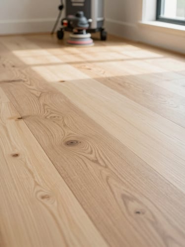 Low-angle architectural shot of a newly refinished white oak floor, warm Southern California afternoon window light highlighting the rich wood grain, dustless sanding equipment subtly visible in the background, 35mm lens.