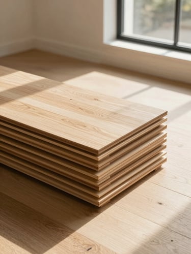 Warm architectural photography of premium white oak floorboards stacked neatly in a bright, sunlit Los Angeles room, highlighting natural wood grain and textures under Southern California window light, 35mm lens.