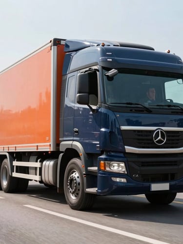 Modern cargo truck driving on a clean urban highway in São Paulo, professional driver in uniform visible, bright daylight, dynamic low-angle, 35mm lens