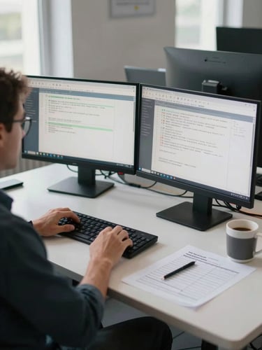 Wide desk shot of an engineer running automated test suites on dual monitors, test output logs visible on screen, coffee mug and printed test plan on the desk surface, natural daylight from the left, focused mid-process moment